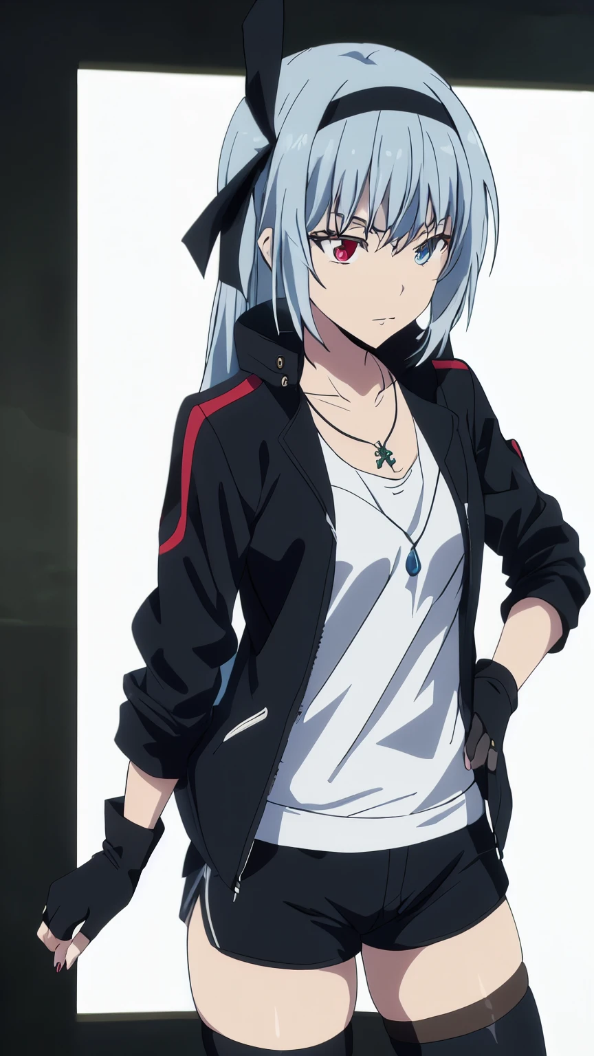 (masterpiece, highest quality, 8k:1.2), 1girl, Luminous, tensura, beautiful detailed eyes, Heterochromia, red eyes, blue eyes, bangs, silver hair, long hair, hair ribbon, hair band, jewelry, necklace, collarbone, (jacket,  black gloves, black shorts, fingerless gloves, gloves, legwear, Jacket, Long sleeve, open Jacket, short shorts, shorts:1.2), Cowboy shot, Dynamic pose,