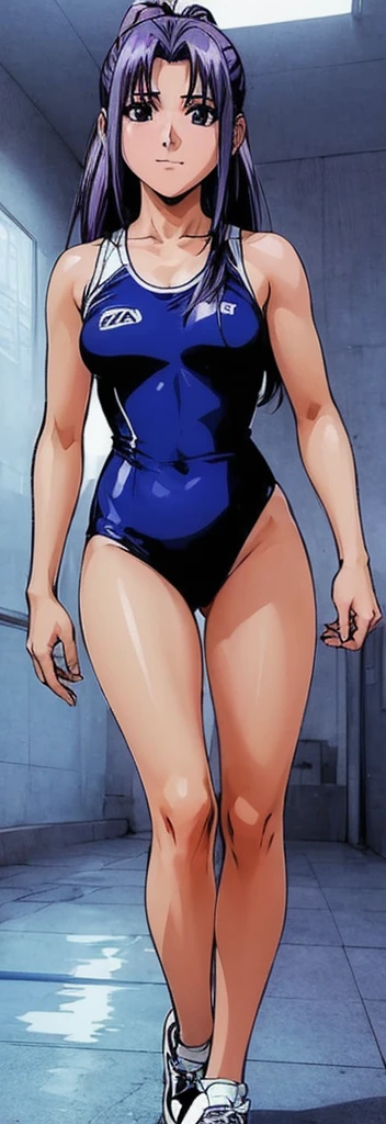 Momo Koigakubo with beautiful legs walks down the hallway of a locker room, wearing a high-cut swimsuit with the word 'arena' and its logo in bright blue.。