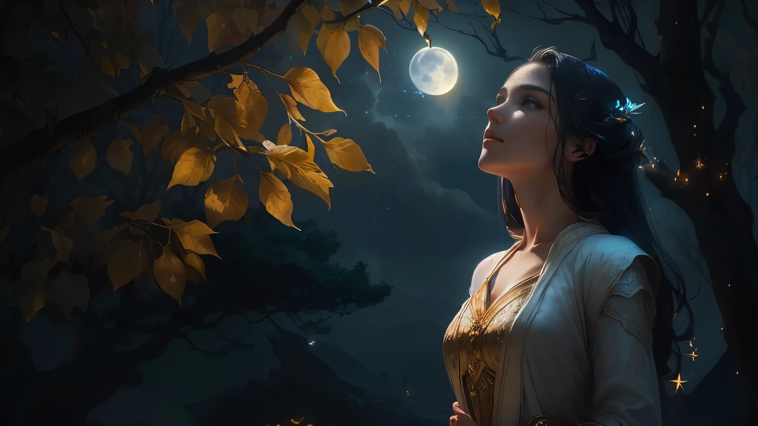 Under the starlit epic fantasy sky, a radiant beautiful young woman, around 20 years old, stands elegantly under an ancient, moonlit tree. She wears a pristine white suit, her head tilted back, gazing upwards. A single, golden leaf floats down, catching her attention as she gracefully reaches out to catch it. Her expression is thoughtful, tinged with a touch of melancholy. The cinematic matte art captures the enchanting moment, with the moonlight casting long, dramatic shadows and the tree's silhouette standing tall against the night sky. epic fantasy art, cinematic matte