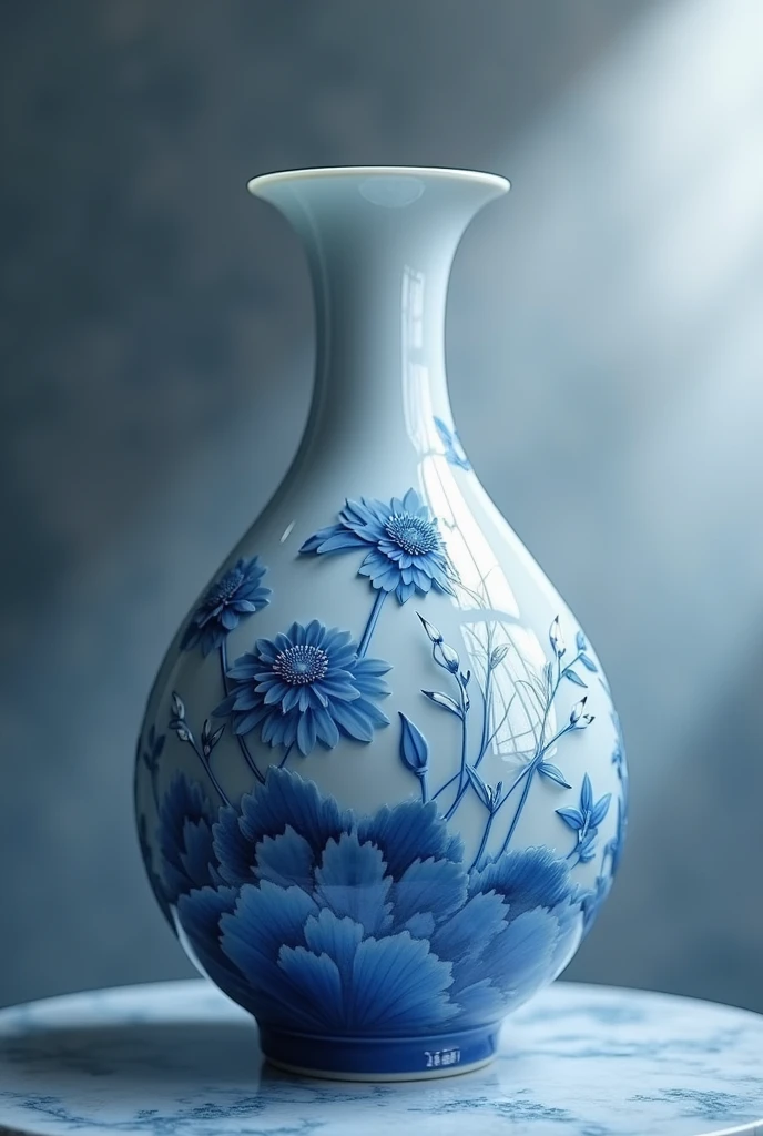 Blue and white porcelain,Ceramic material,Quadripartite vase,embossed petals,a work of art,decoration, high detail,3d, chiaroscuro, light, divine light, light, ultra high definition, high detail, best quality, high resolution, textured skin