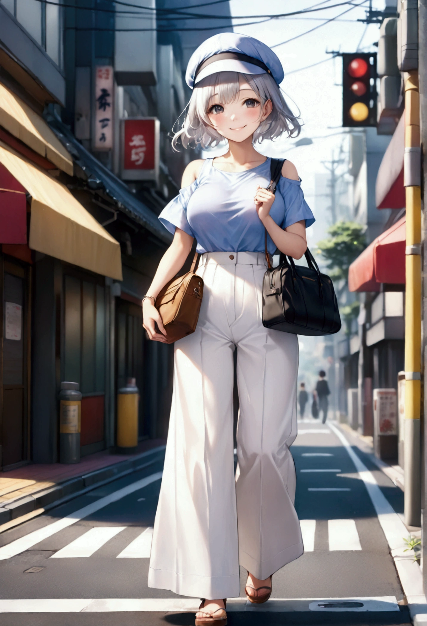 (Woman walking on Tokyo street:1.3、smile、The background is a street corner:1.5)、(Realistic、Like a photograph、Live Action、8k, Realistic, RAW Photos, Best image quality: 1.4), Single-lens reflex camera、RAW Photos, Highest quality, Realistic, Very detailed CG Unity 8k wallpaper, Written boundary depth, Cinematic Light, Lens flare, Ray Tracing, Realistic background、(equipped:1.5、SpaciousTshirt:1.2、(Lightweight white wide leg pants)、Big Breasts:1.37、((Shoulder bag)))、((Ultra-dense skin))、 1 female,Cute Japanese Woman、Girl going to work、((whole body:1.5),smile、(Silver Hair、Very short hair:1.3、Shortcuts、(Put on a cap、Newsboy cap))、I like that style、stylish、Very detailed、Pay attention to the details、Perfect outfit、(Sunburned skin)、Beautiful legs:1.1,Anatomically correct body、Accurate Fingers、Are standing、View from the front