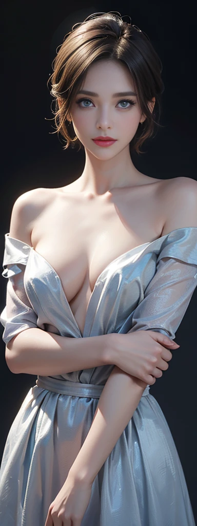 (masterpiece,Highest quality:1.2),Ultra-high resolution,(Realistic), short hair, blue eyes, sexy, , slim, Very beautiful eyes,Top that fits the skin:1.2, Looking at the audience, Cinema Lighting, perfection, Soft Light, High Resolution Skins:1.2, Realistic skin texture, 30 year old mature woman、Small face、No makeup、, Off the shoulder,Bust B cup、Small breasts、 Exposed cleavage, blue eyes, short hair, Dark brown hair、Full nudity、Gray background、