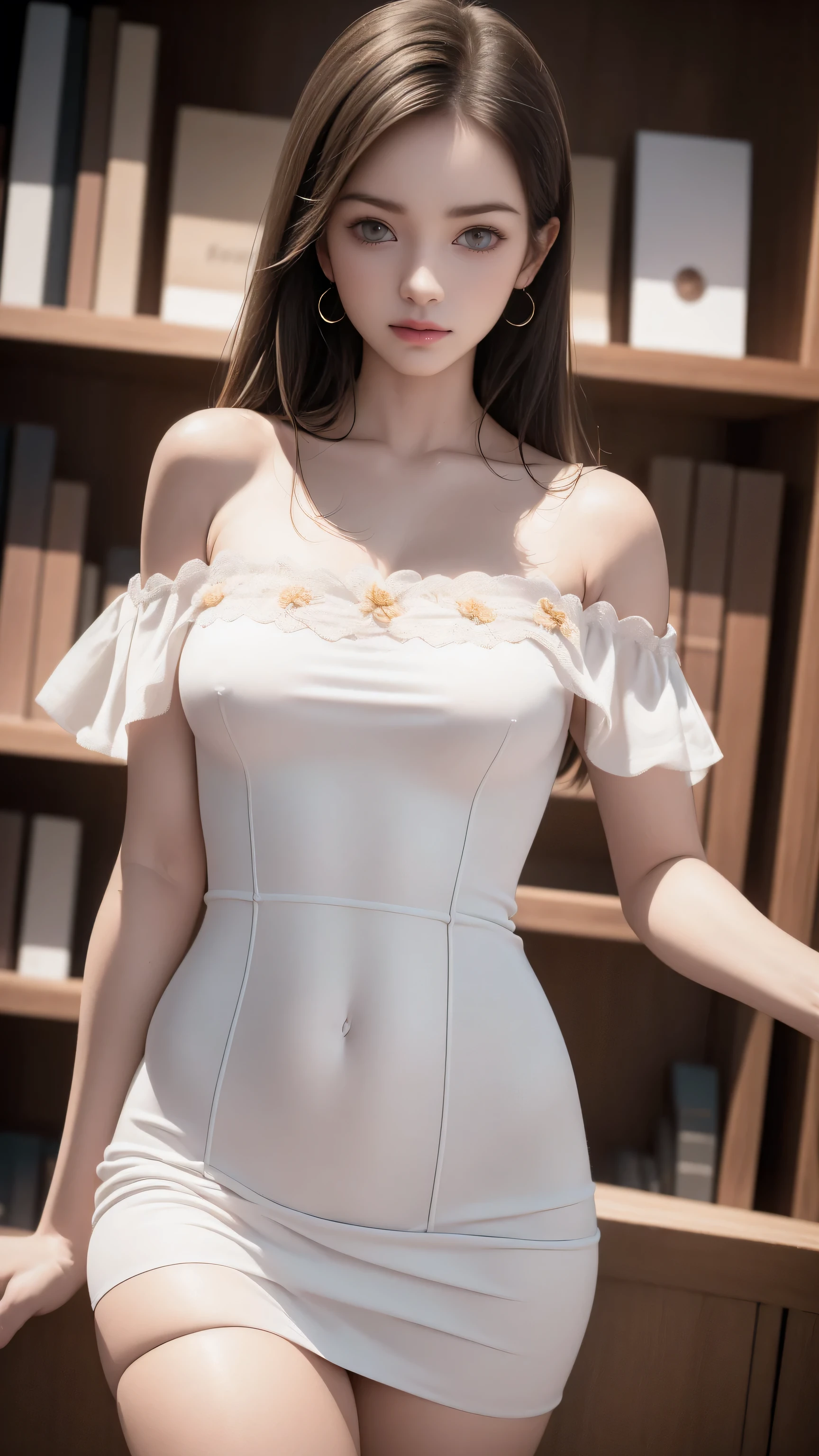 （(Girl standing in front of bookshelf in library))、(Rear view)、(look back)、Highest quality work，Actual work，Ultra Premium Graphics，8K HD CG Works，High quality graphics，High-definition CG works，10x pixels，Extremely fine detail：1.1，Advanced Technical Details：1.1 Photorealistic，Indoor lighting effects：1.5，Natural light：1.5. Light effects（virtual Light effects：1.8）,((Golden white short hair)）、（Bob Hair）, Thin eyebrows，High nose, Nice red lips, Rose Cheeks, A face with subtle makeup , Cute face, perfectly balanced face，((A woman wearing a white off-the-shoulder dress with floral patterns.)），A light-toned foundation enhances the clarity of your skin.、,((Off-the-shoulder pure white dress)). 40k, photograph, Tabletop, highest quality, Rainy background, ((1 Beautiful eyes light haired girl,  White skin, Various poses.((Medium sized breasts,:1.1)), highest quality, Tabletop, Ultra-high resolution, (Realistic:1.4), RAWphotograph, (Perfect figure), (slim:1.3), Slim abdomen, Perfect slim figure, Dynamic Pose, alone, Cold light 12000K, Very detailed facial and skin texture, Fine grain, Realistic eyes, Beautiful fine grain, (Realistic Skin), Charm, 超A high resolution, surreal, Very detailed、