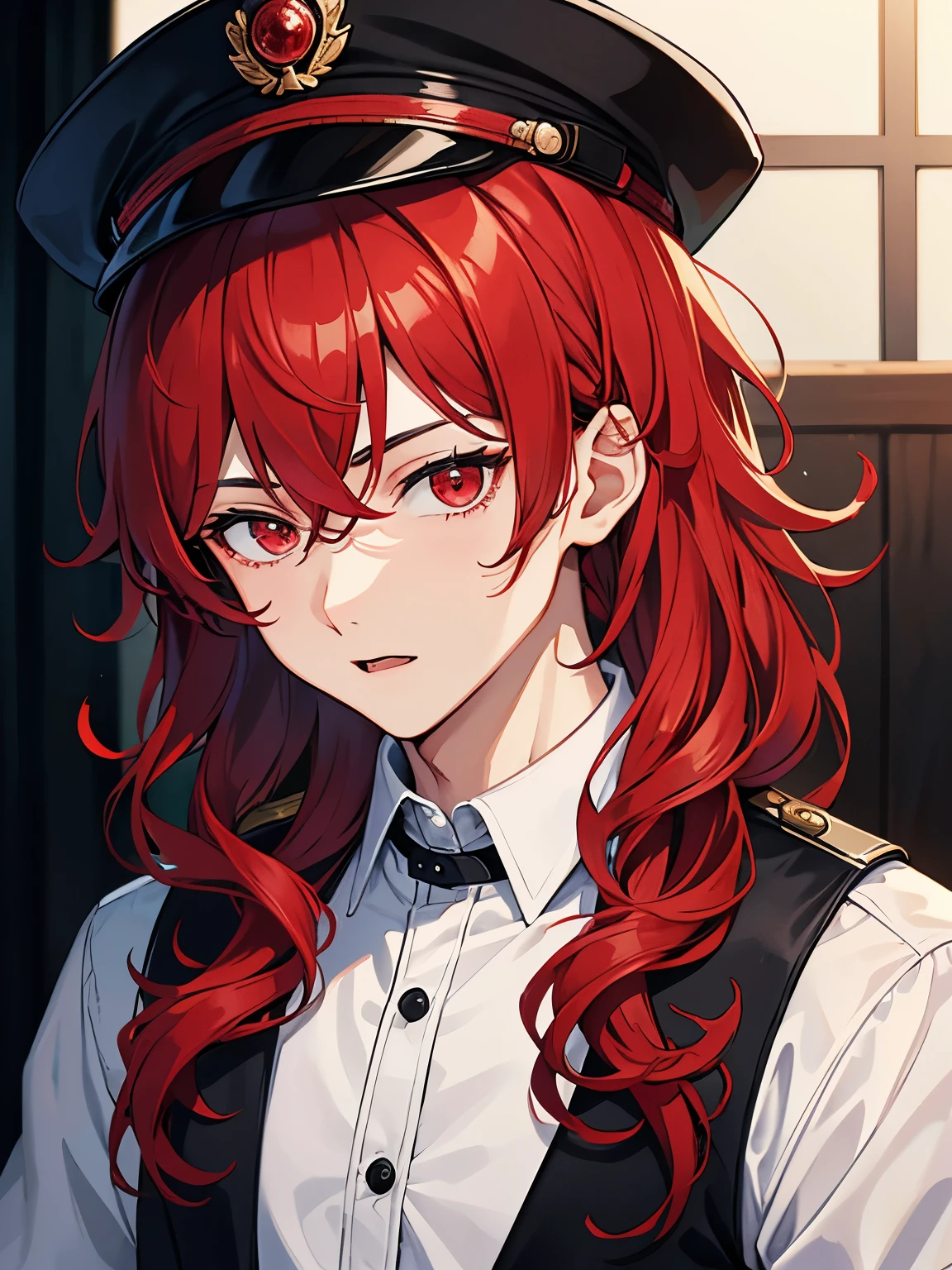 1boy,18 years old,cool,middle parted hairstyle,Curly hair, red hair, red eyes, long hair, vampire, handsome,,close up photo, walking,Black army uniform, black army hat