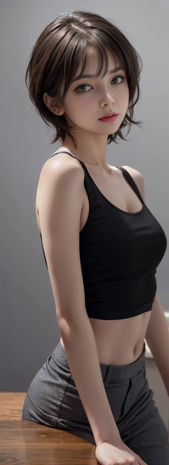 (Tabletop, Highest quality, Realistic, High resolution, photograph, :1.3), Extremely close up shot, Sharp focus, Sexy European 30 year old mature、No makeup、Small face、 Hot Model, abdomen, Highly detailed eyes and pupils, Realistic skin, Slim figure, Same as, Cleavage, Very fine hair, Delicate and sexy face, Sensory Gas, Glossy Lips, ((Wearing a black tank top)), ((Realistic, Ultra-realistic, realism, Realistic details))、Short Hair、Dark brown hair、Bust B cup、Small breasts、Full nudity、Light Gray Background