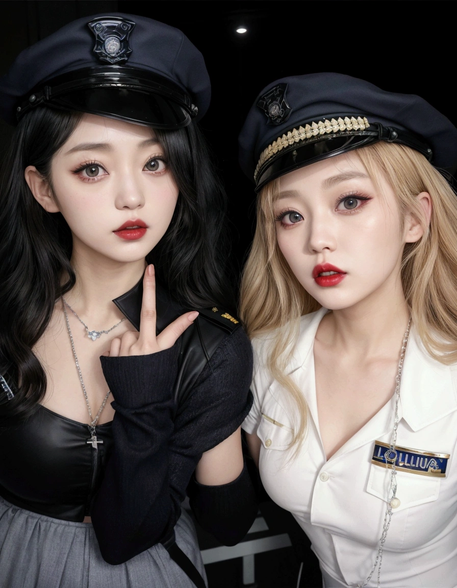 Two women in police uniforms posing for a photograph., Ayami Kojima y Lyde Caldwell, They are pixivs and junji, Nixeu and Sakimichan, Yoshitomo Nara and Aya Takano, they both have red lips, ulzzang, Harajuku, moda Harajuku, darkwave gothic aesthetic, beautiful dolphin, gothic aesthetic 
