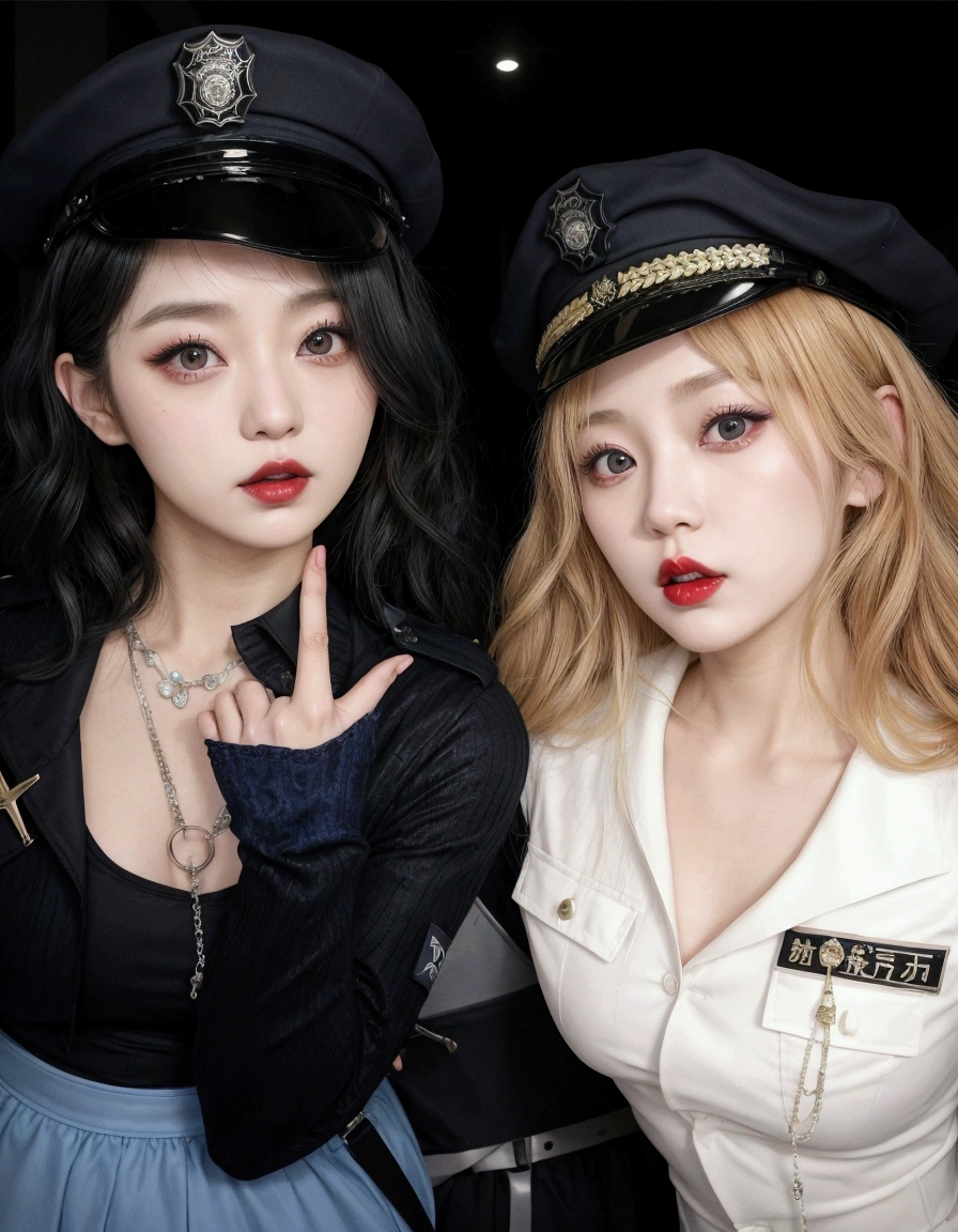 Two women in police uniforms posing for a photograph., Ayami Kojima y Lyde Caldwell, They are pixivs and junji, Nixeu and Sakimichan, Yoshitomo Nara and Aya Takano, they both have red lips, ulzzang, Harajuku, moda Harajuku, darkwave gothic aesthetic, beautiful dolphin, gothic aesthetic