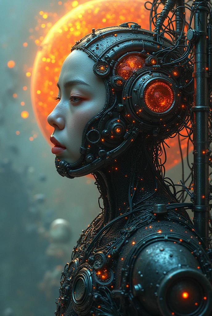 Inspired by Terry Gilliam and Tim Burton, Asian male of cybernetic beauty, steampunk wire-mesh suits, pipes of hell, hellraiser, pinhead by H.R. Giger, planets in the brain, merged double exposure mixed media, Gustav Klimt and Bill Sienkiewicz, intricate high detail crisp quality cosmic nodifiers: dof intricate high detail high definition colourful hdr Van Gogh Marc Chagall H.R. Giger Enki Bilal.