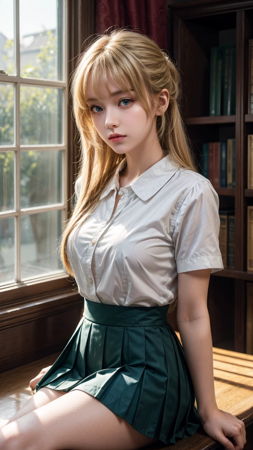 ((masterpiece,best quality, high resolution)), 1 Girl, Solitary, Green Eyes, Long blond hair tied with a blue ribbon, Bangs, sit, Cross your arms on the table, Sleeping with arms folded, Uniforms, White Seraph, Red sailor collar, Short sleeve, White pleated skirt, (In the library), Dramatic lighting, Next to the window, afternoon light through the window, afternoon, Bokeh effect