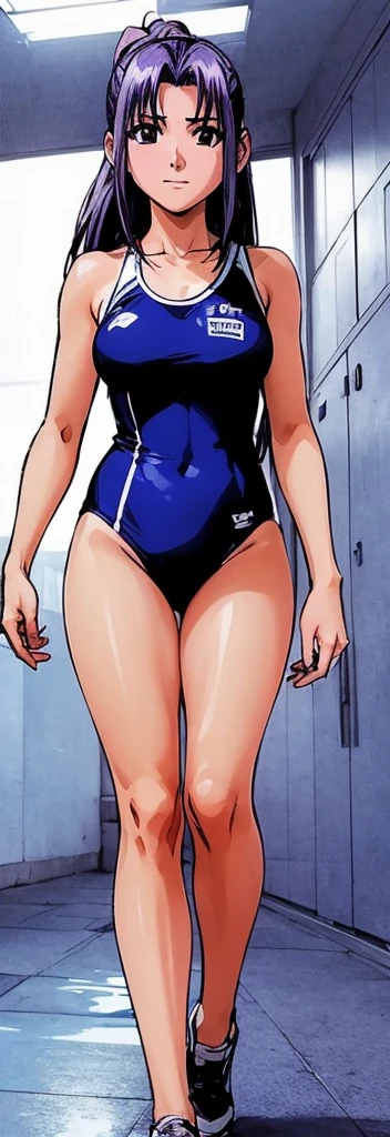 Momo Koigakubo with beautiful legs is walking down the hallway of a locker room, wearing a bright blue high-cut swimsuit with the arena logo and lettering.。