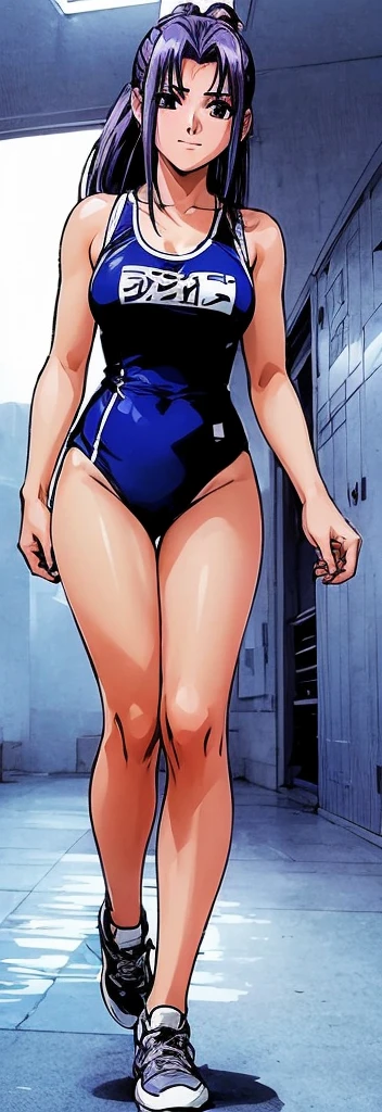 Momo Koigakubo with beautiful legs is walking down the hallway of a locker room, wearing a bright blue high-cut swimsuit with the arena logo and lettering.。