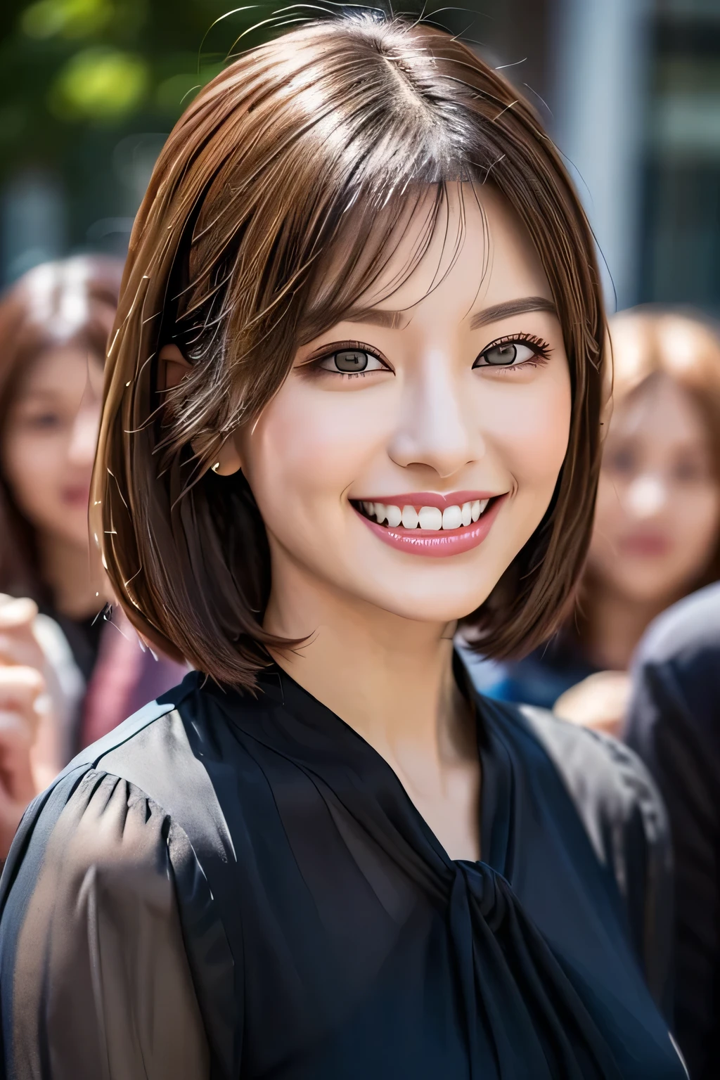((masterpiece)), ((Highest quality)), ((Complex)), ((Surreal)), (Realistic), (Mature Woman), ((No classes)), Very detailed, (1 female), Beautiful and exquisite, (Beautiful Teeth), Grin, Brunette bob hair, Brown eyes, ((blouse)), (Upper Body), (background:none), Perfect Eyes, Captivating eyes, Looking at the audience
