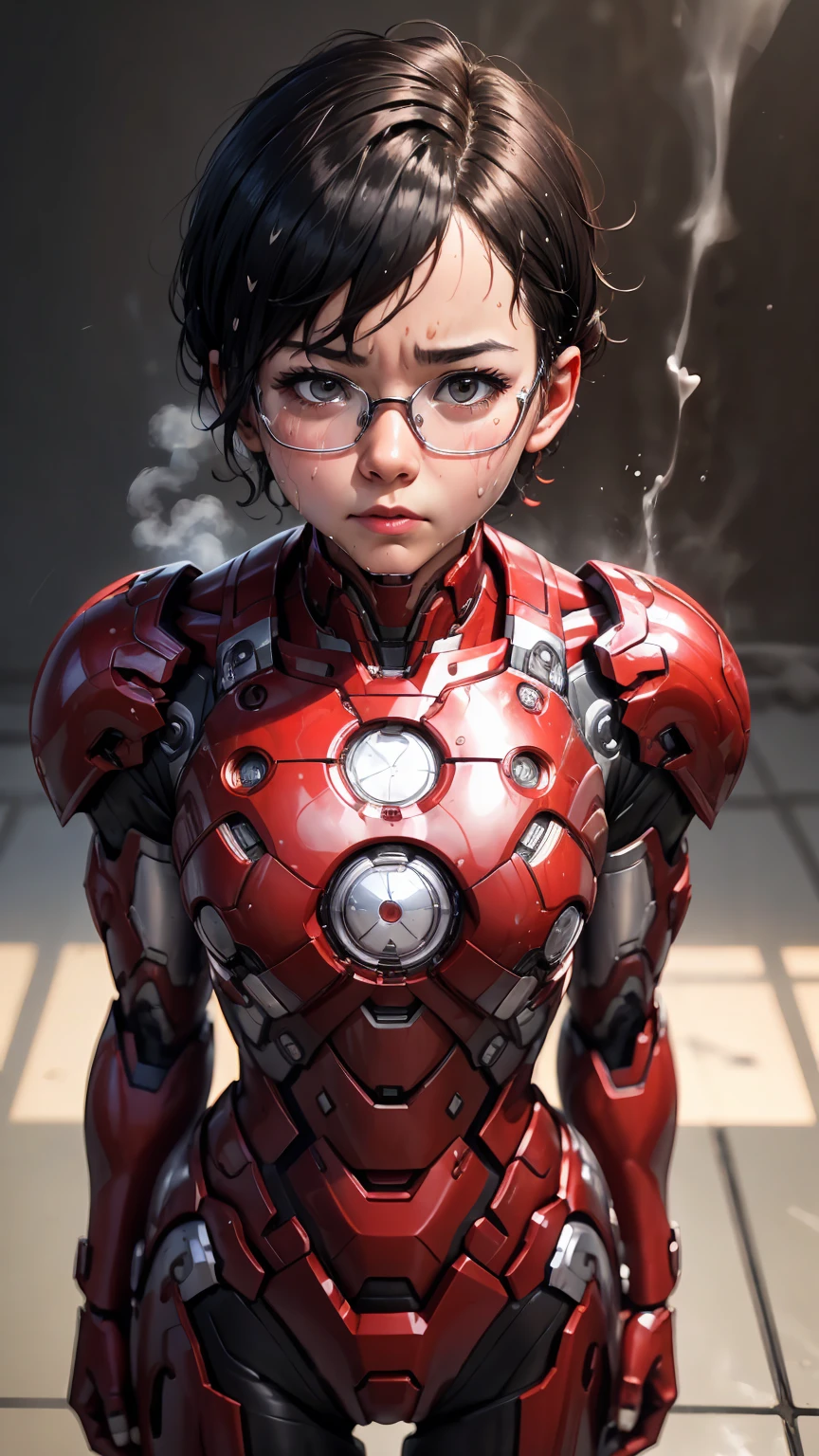 Highest quality　8k Red Iron Man Suit Girl　ergarten　Sweaty face　cute　short hair　boyish　Steam coming out of my head　My hair is wet with sweat　The feel of black hair　Full body portrait　My upper body is soaked　Glasses