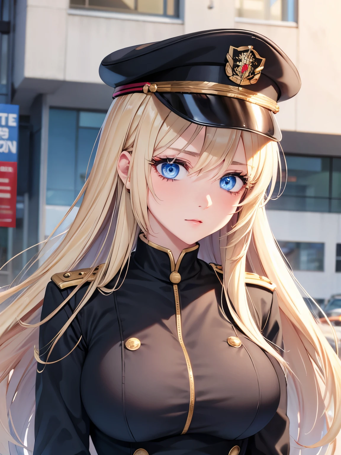 1woman,walking,blue eyes,Beautiful makeup, long eyelashes,early in the morning,stunning,half body photo, very detailed face,cute,,HD face, perfect face,Black army uniform, black army hat,,very big breasts,Blonde hair,blonde hair,blonde,bangs,long hair, straight hair,ultra detail,ultra Hd, masterpiece,4k