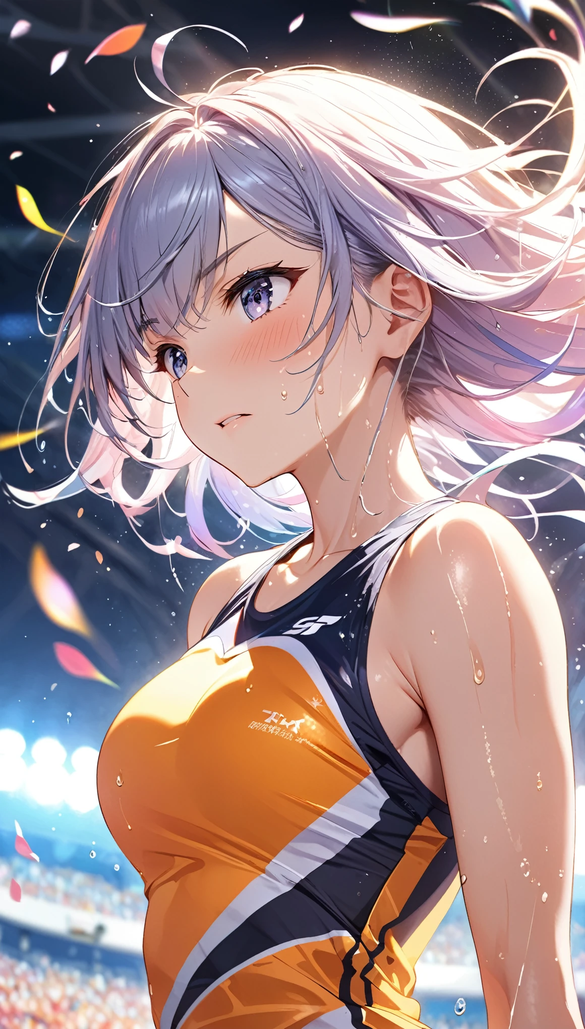 (Sports magazine cover photo), Highest quality, Great quality, 16K, Unbelievably absurd, Very detailed, delicate and dynamic, Natural light, Particles reflect light, Diffuse reflection of light, Many rainbow-colored petals fall, Beautiful track stadium, Shining Sun, Diffuse reflection of light, Create amazing image effects, , Wet, sweating, High jump, close(cute, A large, swaying bust, Sensual expression, Cool, Severe, passion, dynamic, flashy track and field uniform, audience , much-air-laden cheer)