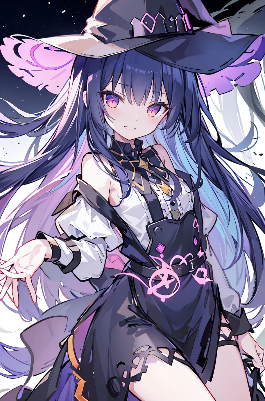 oung Girls,Humanity,A magician always smiles,big witch hat,cute,dark blue long hair,The eyes are dull,The bangs are heavy,Thin eyebrows,fantasy,intake,Double teeth,Star Theme,Constellation pattern,Solid color clothetal decoration,cloak,A bit of a dark atmosphere,A little crazy smile,When the big moon shines outside at night,blood,Hair black star embellishment,Short tie,No nails,High waist skirt,Bell sleeves,Long-sleeved shirt,Black tie,low risk,gentlemen。Mist、Yellow and white effect，Shocking pink as an accent color