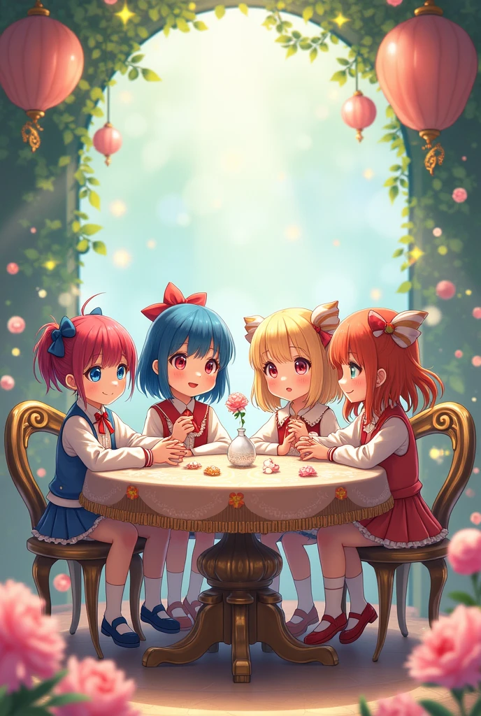 A boy and three girls sitting behind a fancy anime-style table