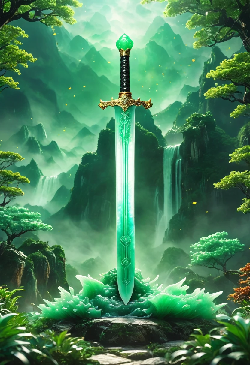 best quality, very good, 16K, ridiculous, Very detailed, Giant glowing sword，Made of translucent jadeite, Background mountain top（（A masterpiece full of fantasy elements）））， （（best quality））， （（Intricate details））（8K）