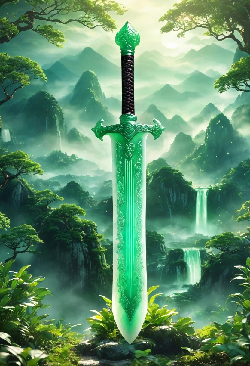 best quality, very good, 16K, ridiculous, Very detailed, Giant glowing sword，Made of translucent jadeite, Background mountain top（（A masterpiece full of fantasy elements）））， （（best quality））， （（Intricate details））（8K）