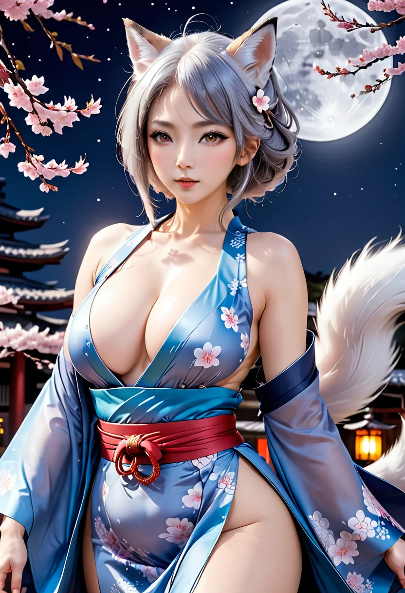 Beautiful Goddess(1 person)、White Fox Incarnation、It has nine tails、Beautiful woman、kimono、Trained muscles、、Gray Hair、Captivating body、Japanese Shrines、Cherry Blossoms at Night、full moon、8k、Realistic