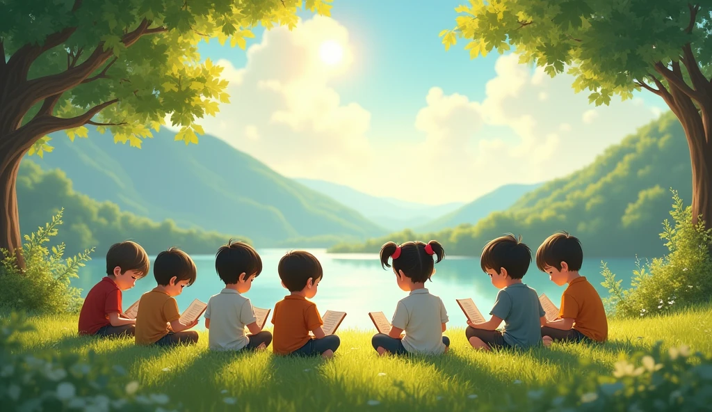 Some children are studying together in a beautiful morning atmosphere. They are sitting on the grass with a beautiful view. 