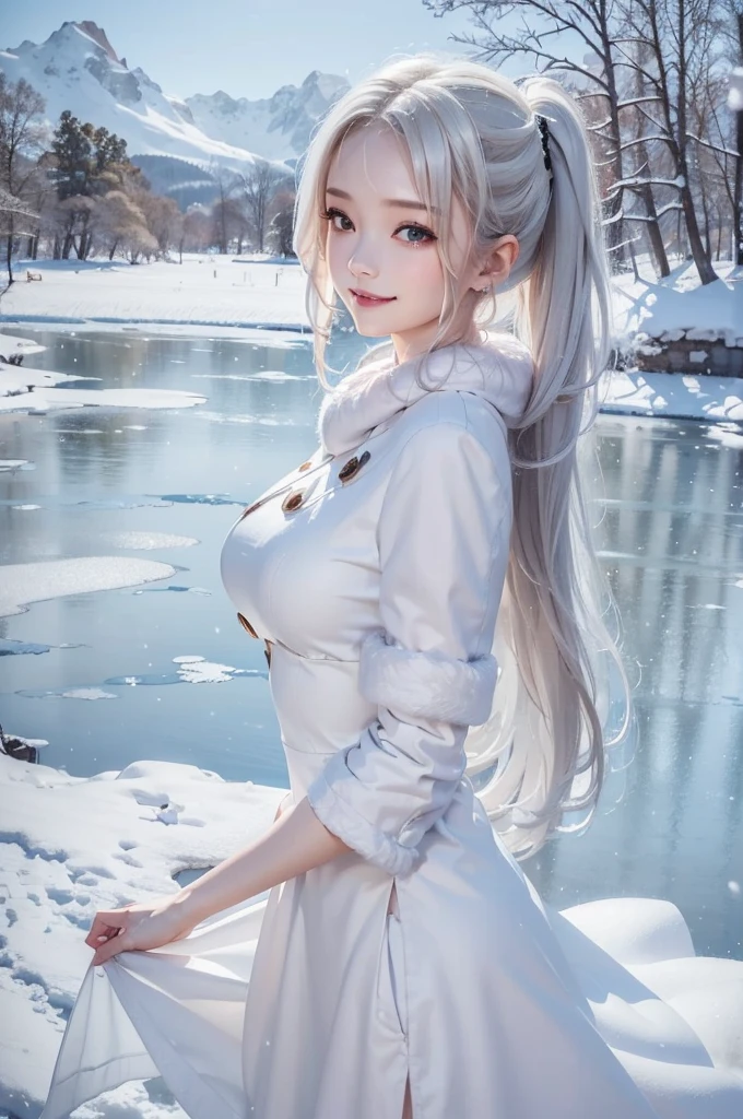 (the upper body:1.5).masterpiece、Highest quality、1 girl, winter, platinum blonde hair, Cute girl, smile, close mouse, medium breasts, sideboob:1.4, white dress, winter clothes, long skirt, Fur coat、Small waist、Thin legs、outdoors, front of the lake, snow falling, Prayer Pose, join hands, from side:1.5, side view,
