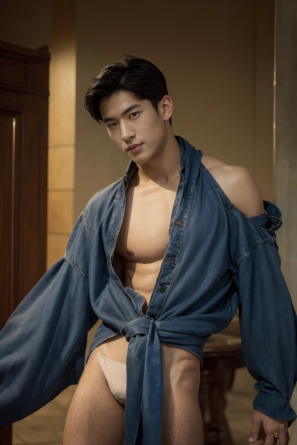 top-quality、masterpiece、超A high resolution、(realisitic:1.4)、Detailed face、solo、1human male、The upper part of the body、Dark hair、glistning skin、dense skin、(asian human)、architectural、(absurderes、hight resolution、ultra-detailliert)、、1 male、Adults、(a 25-year-old man)、a handsome、tall muscular man、broad shoulder、extra very short hair、angular jaws、thick neck、thick eyebrow、extra very short hair、A dark-haired、fine eyes and detailed face、 Highly detailed CG Unity 8K wallpapers、intricate-detail、(Style Swirl Magic:0.7)、looking at the spectator、solo、(full body Esbian:0.6)、Detailed background、A detailed face、dynamicposes、、dynamic compositions、 big muscle、、((((bulge))))、a handsome、 ((masutepiece:1.4, Best Quality)), ((masutepiece, Best Quality)), (photographrealistic:1.4)、(((Sorcerer)))、grin, Surfing,、a smirk、Sunny and cloudy sky、(Complex blue long sleeve enchantment costume), scarf, the costume is too much revealing the tskin and thighs, fantasy Library Background:1.2), Photorealistic、cana、magic circles , bare thighs