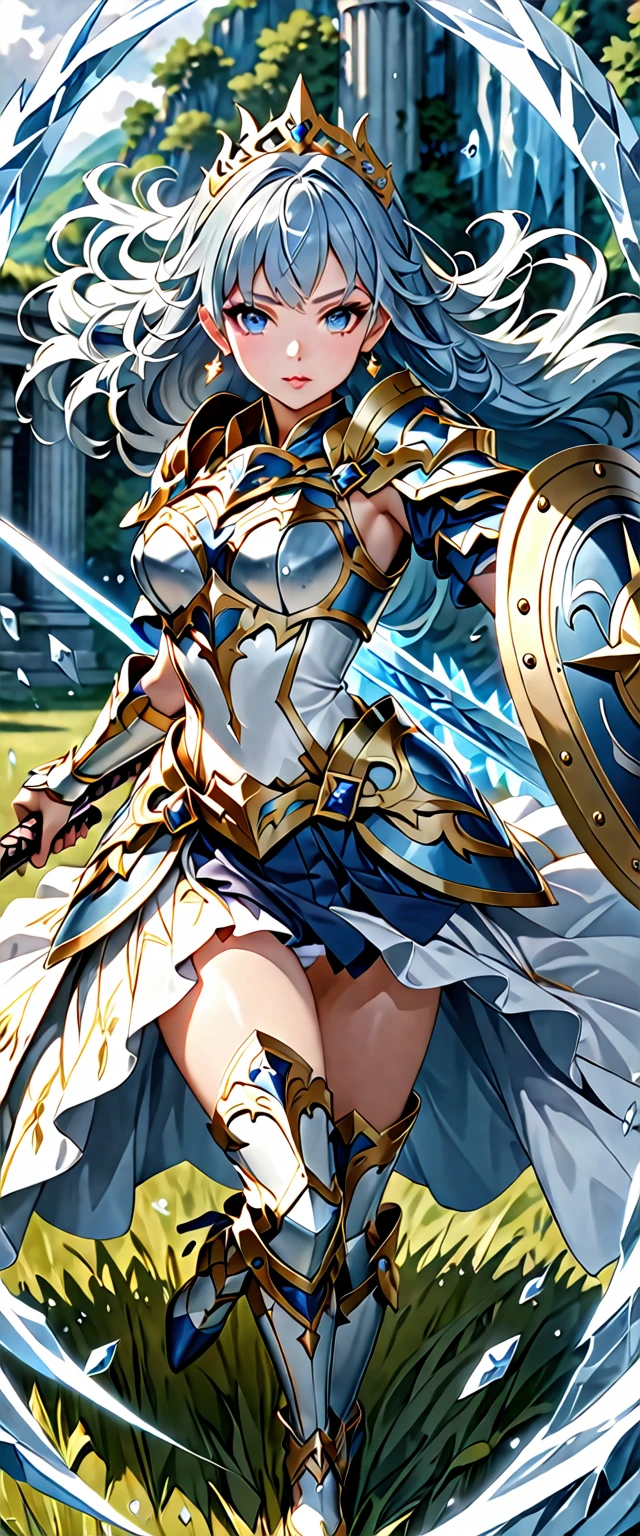 (Perfect Anatomy)、Mastepiece、Ultra High Quality、 8k、masterpiece、Highest quality、Ultra-high resolution、Maximum resolution、Very detailed、Professional Lighting、anime、woman、thin、so beautiful、Highly detailed eye、Highly detailed face、Blue and white armor, , Golden decorated luxury tiara,Golden earrings,Frilly Armor,Light blue hair, blue eyes,White underwear、Gloss Lip、Pink Lips、grassland, full body, dynamic angle, dynamic pose, Heroic pose, pillars of ice, (((long sword))), (((shield))), Defending with water magic, goddess armor, high heels, floating hair, Detailed armor patterns