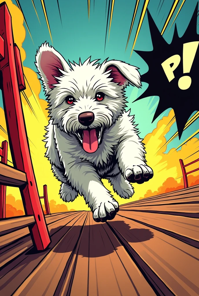American comic style　

A female Old English Sheepdog

Is doing dog agility

Has a black punch on the right

Her name is PATRA, so please include the letters PATRA!!
