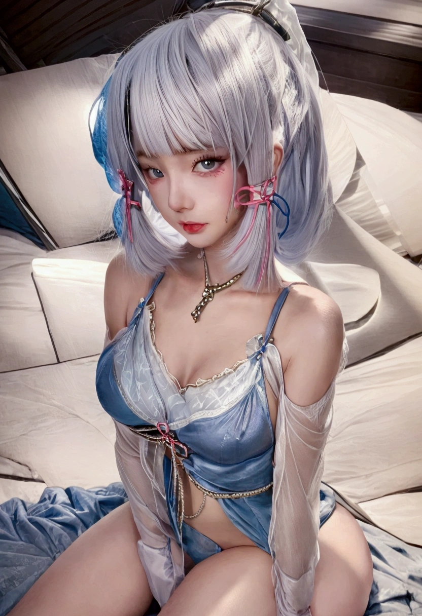 Beautiful girl big breasts with blue lingerie and white hair sitting on a bed, seductive cute girl, beautiful girl, pretty girl, extremely detailed artgerm, cute girl, ayaka genshin impact