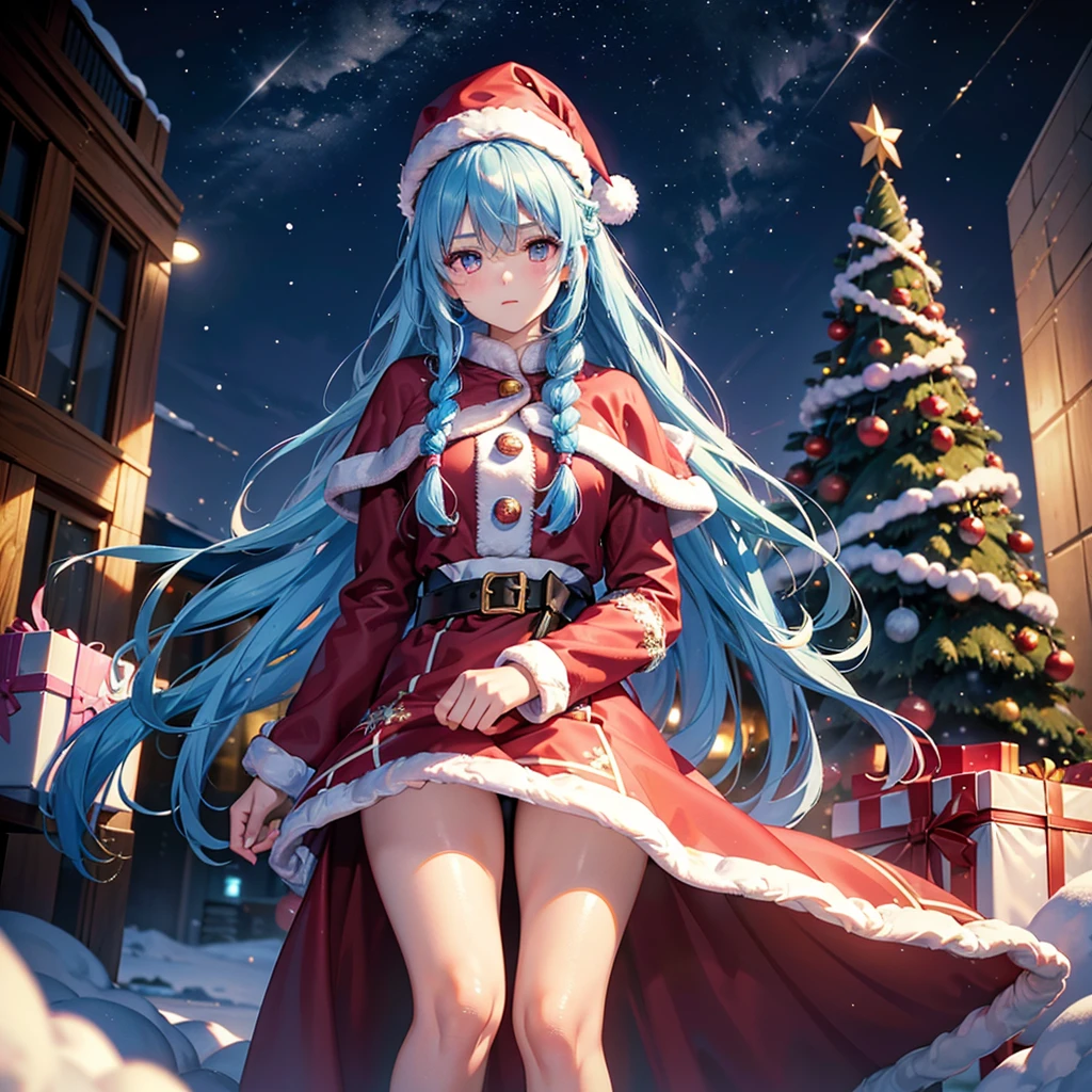 (Sky Blue Hair),((one Braided Hair:1.2)),(Pink Eyes),(Fair Skin),(Full Body),(Alone),(Santa Claus Clothes),(Giant Christmas Tree in the Background),(Snowy Night),Sparkling Night Sky,snowman,gift box,(Masterpiece, Top Quality, Very Detailed, Best Shadows),(Detailed Background),(Beautifully Detailed Face),High Contrast,(Best Lighting, Very Delicate and Beautiful),((Cinematic Light)),Hyper Detail,8k,Dramatic Light,Exquisite Detail,