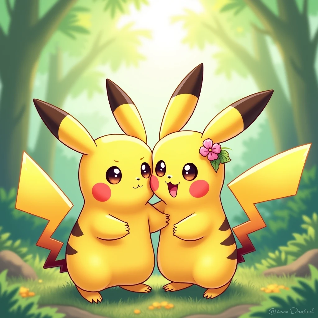Pikachu's girlfriend, an adorable and energetic electric mouse with soft yellow fur, rosy cheeks, and sparkling eyes, her ears slightly tipped with a touch of pink, wearing a small flower behind one ear, standing beside Pikachu in a lush, green forest, with sunlight filtering through the leaves, creating a warm and cheerful atmosphere, their tails forming a cute heart shape as they stand close together, Illustration, hand-drawn with vibrant colors and soft shading, --ar 16:9 --v 5