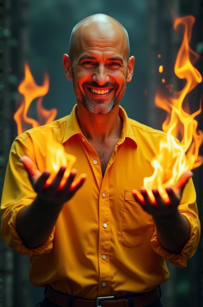 A bald man with yellow skin and a smile, not showing his teeth, creates fire with magic.