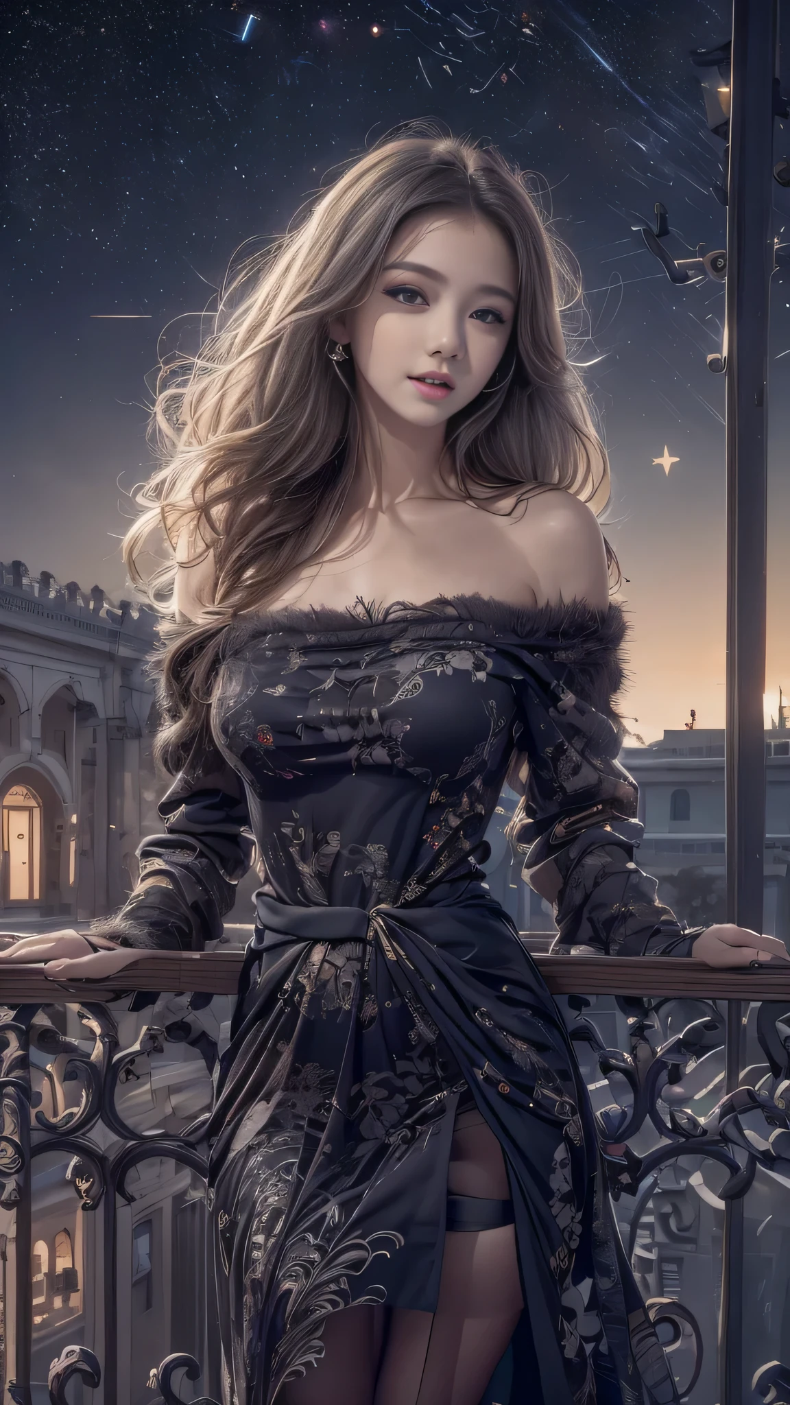 (Woman standing on balcony of palace)Portrait of, Realistic, High resolution, 1 female, alone, Upper Body, Beautiful Eyes, Close your lips, Detailed face, Gray Hair, Long Hair, (off shoulder black lace long dress) ,(There is a slit up to the waist.),Fur coat, stockings,(Star-filled night sky)