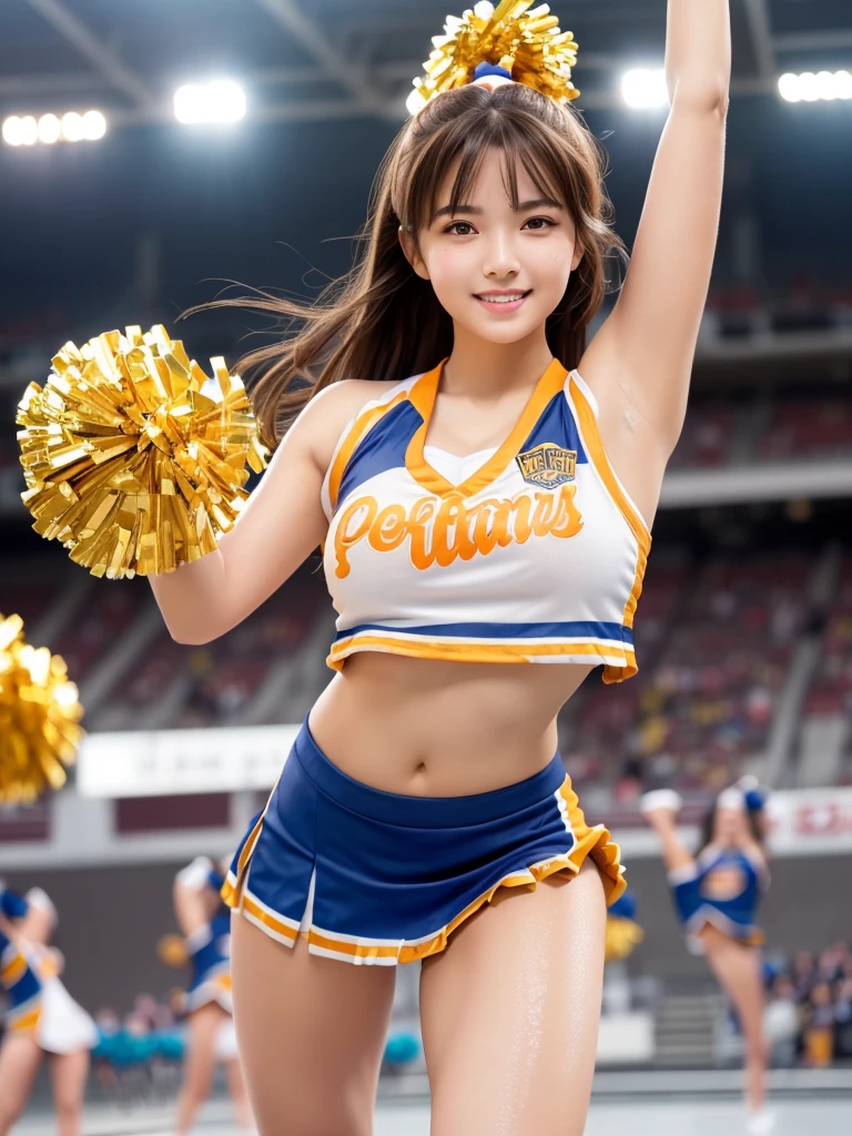 masterpiece,Highest quality,Very detailed,High resolution,(Realistic,photoRealistic:1.37),Excellent anatomy,One beautiful woman,18-year-old,height:152 cm,Orange Cheerleader,(Holding big pom-poms in both hands:1.5),Big smile,cheer leading,Cheerleader uniform,(shape),Micro Pleated Mini Skirt,No underwear,((Very delicate and beautiful)),((Stadium Background:1.2)),Brown Hair,Long Hair,bangs,Very beautiful face,Cute type,Big Natural Color Lip,Small and cute nose,Big and pretty eyes,Brown eyes,Obvious double,Shiny highlight spots around the eyes,Character Focus,Tilt your head,The best light,Best Shadow,mysterious,Perfect Face,Very detailed,Soft Skin,(Glowing Skin,Sweaty:1.3),Beautiful legs,Voluptuous thighs,Plump body,Huge breasts,(Expresses the roundness and softness of the chest area..........1),Beautiful body,(Perfect Woman),Lift your legs,Skirt flip,Bold sexy pose,((cheer dance pose:1.5))