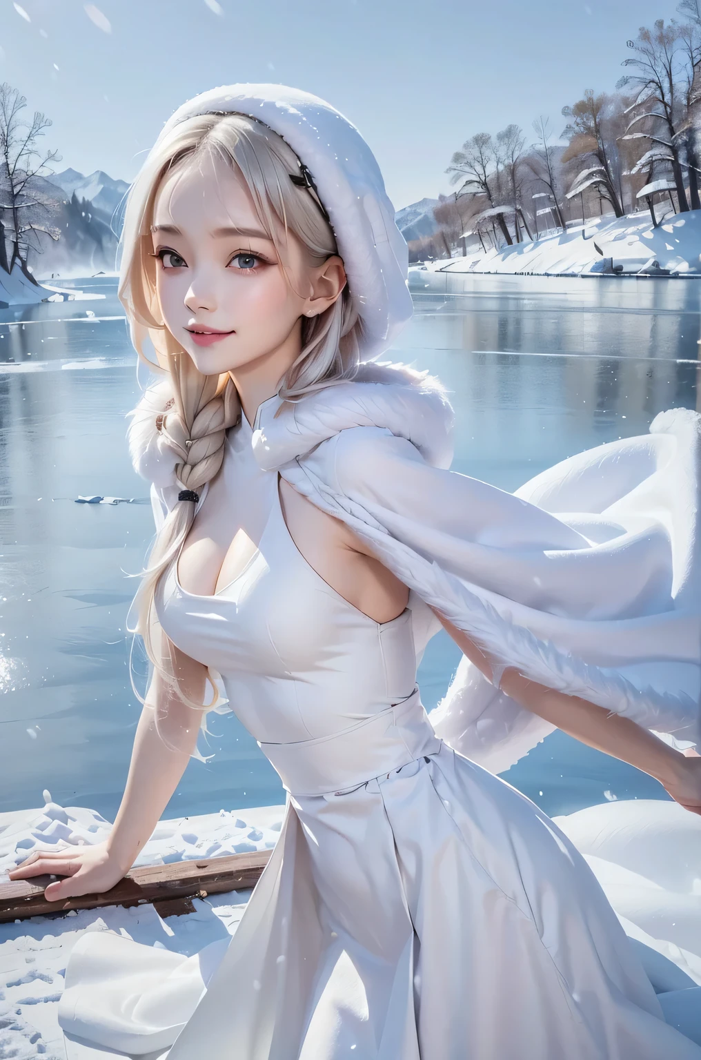 (the upper body:1.5).masterpiece、Highest quality、1 girl, winter, platinum blonde hair, Cute girl, smile, close mouse, medium , sideboob:1.4, white dress, winter clothes, long skirt, Fur coat、Small waist、Thin legs、outdoors, front of the lake, snow falling, Prayer Pose, join hands, from side:1.5, side view,