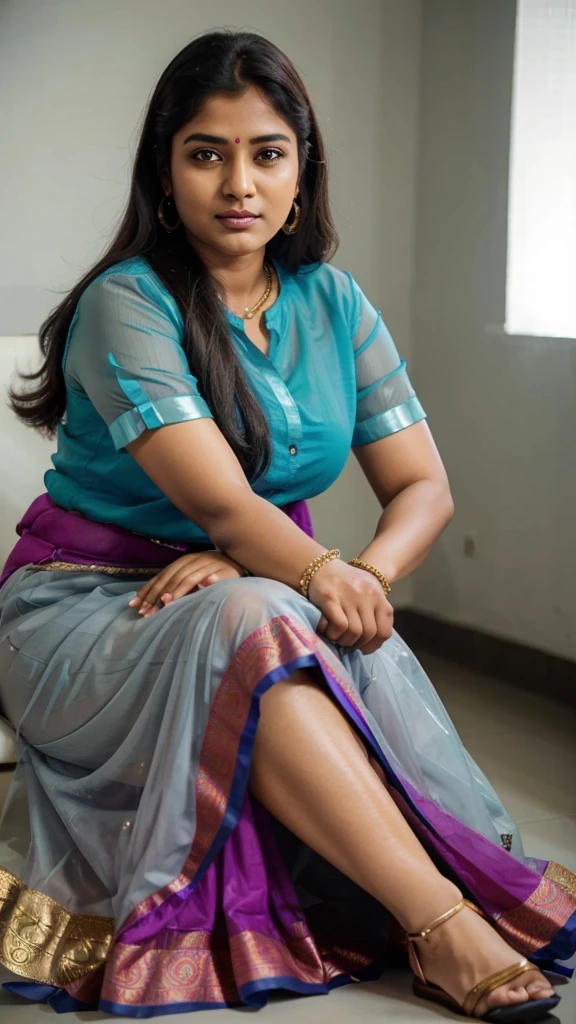 South Indian women, sitting on a chair, wearing gray chiffon transparent shiny skirt and blue shirt 