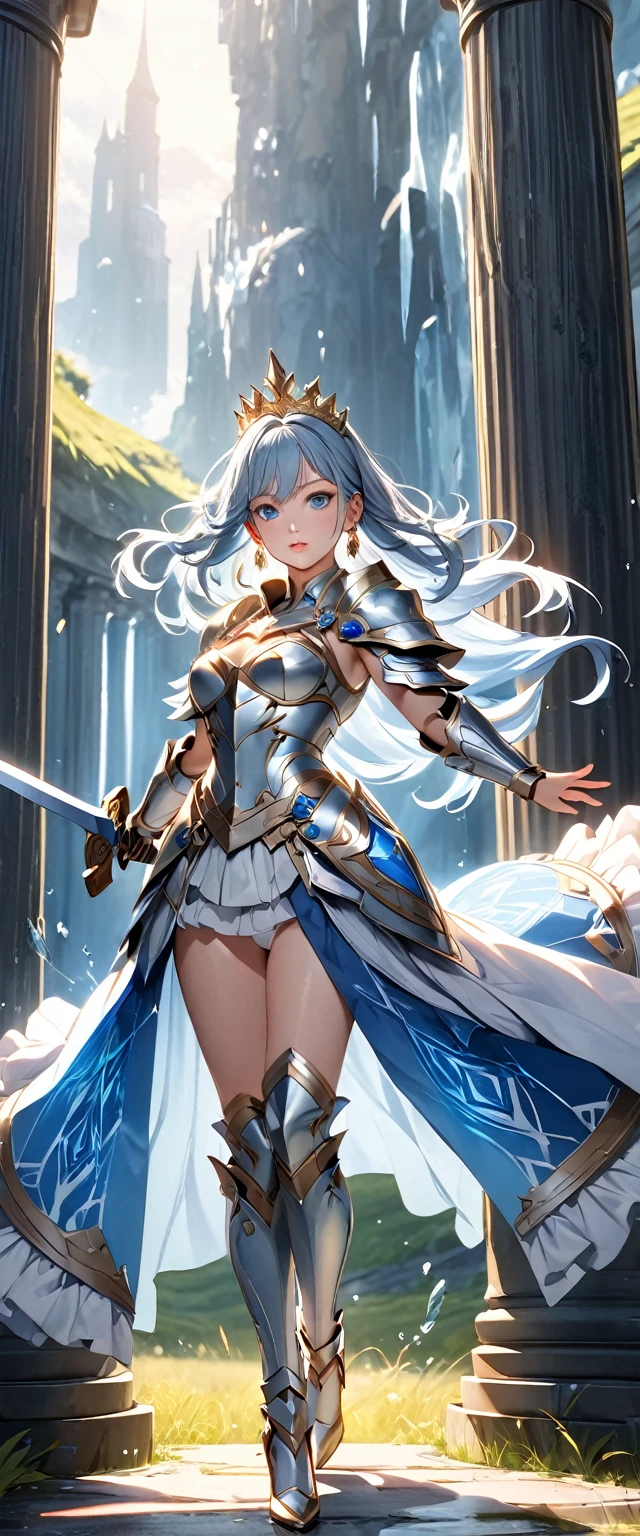 (Perfect Anatomy)、Mastepiece、Ultra High Quality、 8k、masterpiece、Highest quality、Ultra-high resolution、Maximum resolution、Very detailed、Professional Lighting、anime、woman、thin、so beautiful、Highly detailed eye、Highly detailed face、Blue and white armor, , Golden decorated luxury tiara,Golden earrings,Frilly Armor,Light blue hair, blue eyes,White underwear、Gloss Lip、Pink Lips、grassland, full body, dynamic angle, dynamic pose, Heroic pose, pillars of ice, (((long sword))), (((shield))), Defending with water magic, goddess armor, high heels, floating hair, Detailed armor patterns