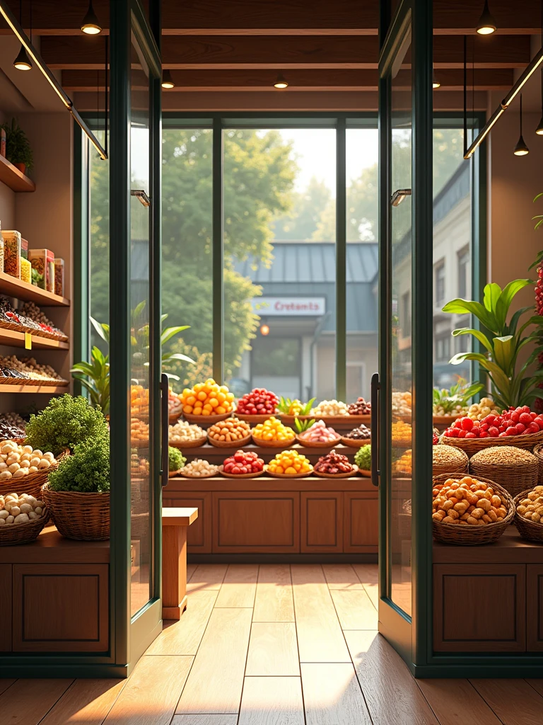 A welcoming entrance of a healthy food store with large glass windows. The display area just inside the entrance features neatly arranged baskets of fresh fruits, dried fruits, and nuts. A small promotional stand showcases new products or seasonal items. The entrance area has warm lighting and a natural wood finish for the flooring, giving a cozy and inviting atmosphere.