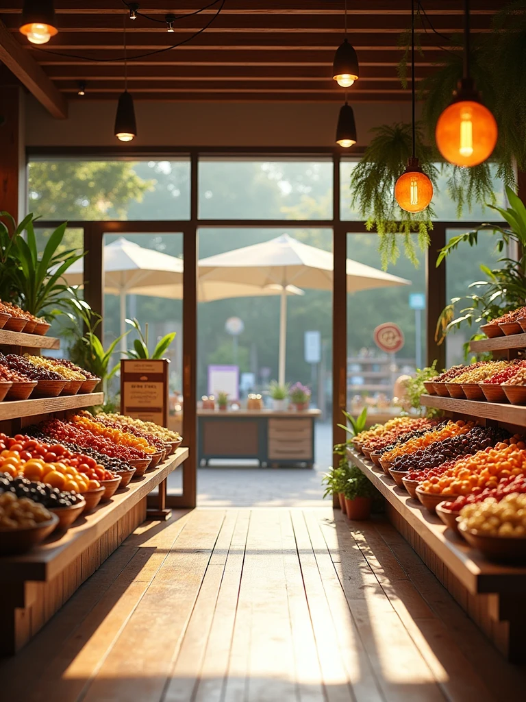A welcoming entrance of a healthy food store with large glass windows. The display area just inside the entrance features neatly arranged baskets of fresh fruits, dried fruits, and nuts. A small promotional stand showcases new products or seasonal items. The entrance area has warm lighting and a natural wood finish for the flooring, giving a cozy and inviting atmosphere.