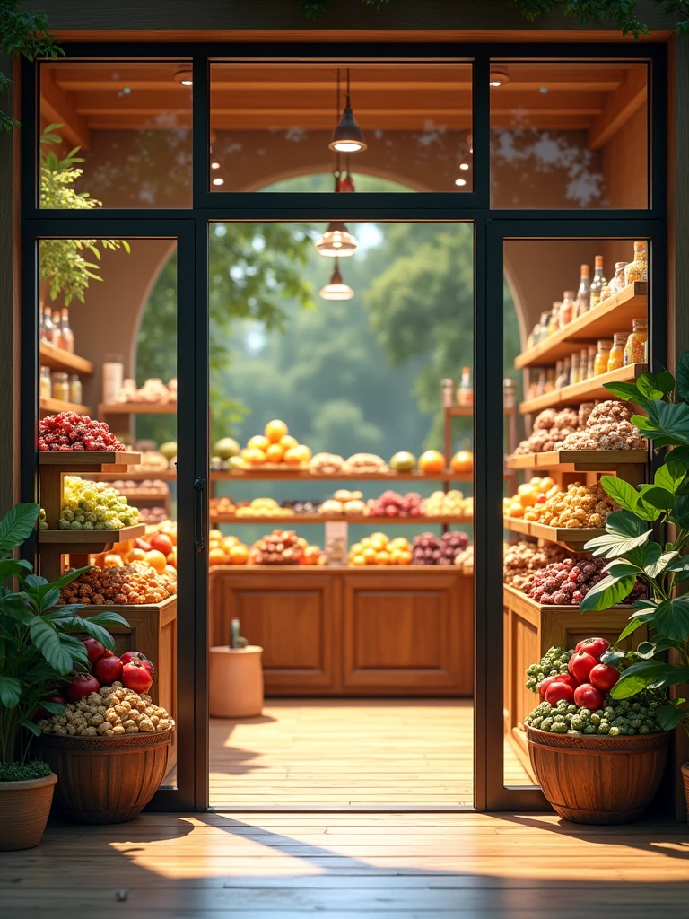 A welcoming entrance of a healthy food store with large glass windows. The display area just inside the entrance features neatly arranged baskets of fresh fruits, dried fruits, and nuts. A small promotional stand showcases new products or seasonal items. The entrance area has warm lighting and a natural wood finish for the flooring, giving a cozy and inviting atmosphere.