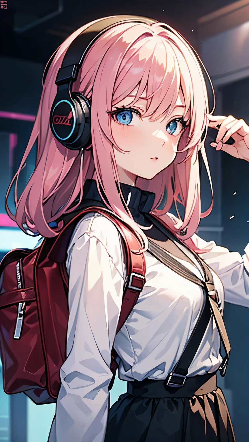 Anime character with headphones and backpack looking at cell phone, Anime Style 4 k, (Very delicate and beautiful face), (Beautiful eyes in every detail), Digital anime art, Nightcore, Digital anime illustration, Anime Styled digital art, anime art wallpaper 4k, anime art wallpaper 4k, Anime art style, Anime digital art, Anime Style artwork, Anime Style. 8k, detailed Digital anime art