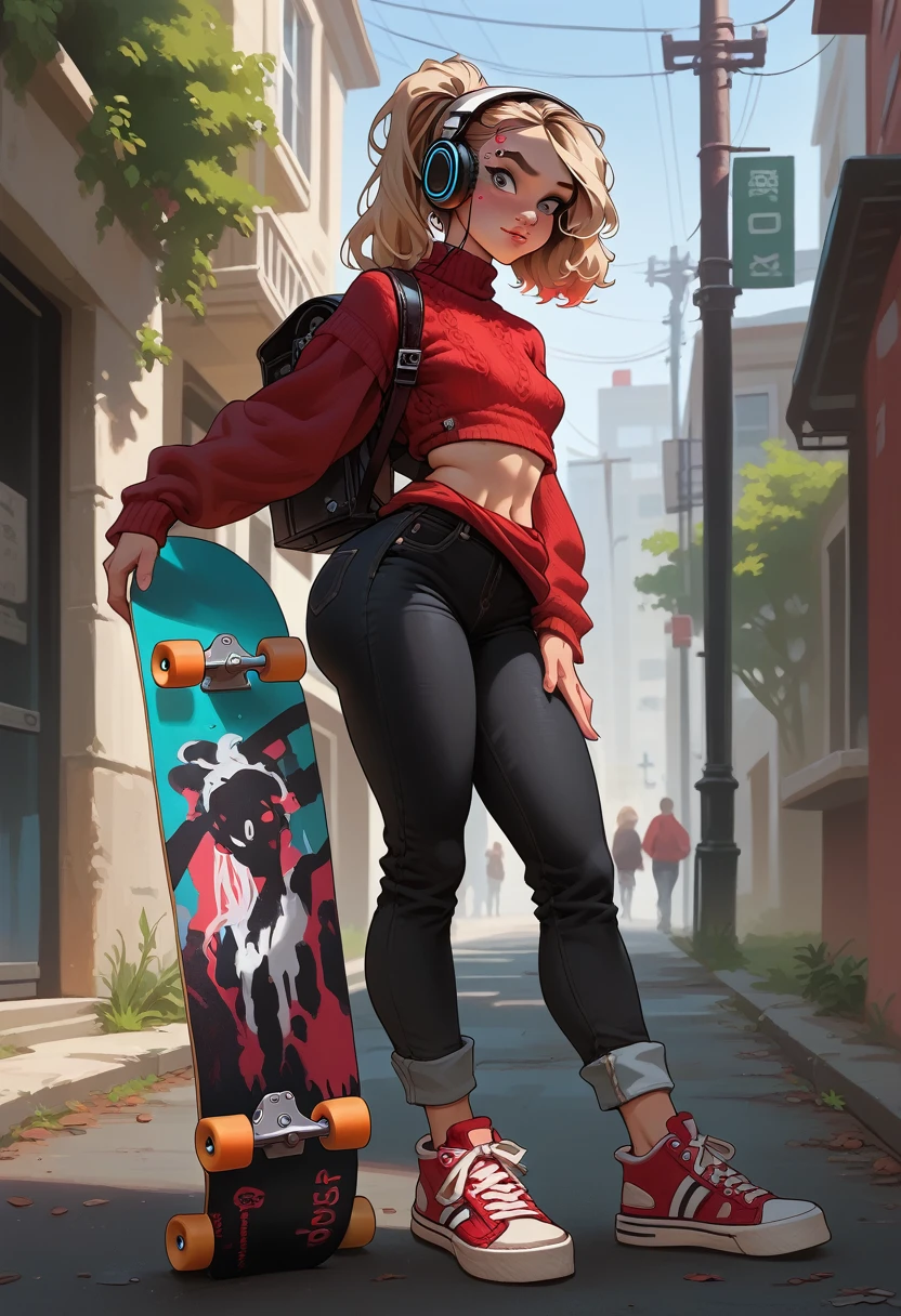 1girl, 18 years old, gwen stacy, small breasts,bigger hips, big ass, skateboarding, gray eyes, blondie hair, long hair, detailing face, detailing body, athletic body, red sweater, long sweater, jeans, red sneakers, street, new york, headphones, backpack, ponytail