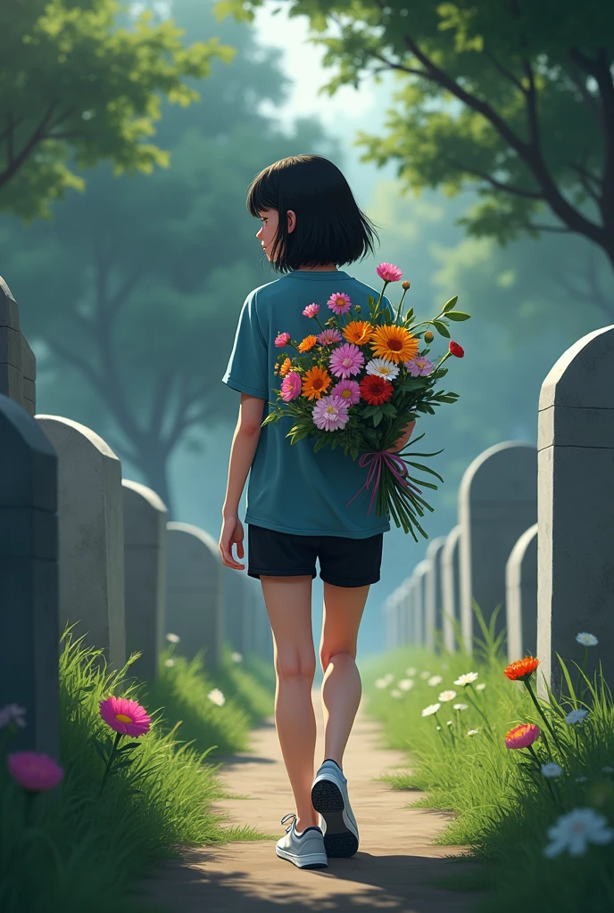A 16-year-old girl wearing a blue short-sleeved shirt, black shorts, and Nike shoes, walks carrying a bouquet of flowers to the grave. 