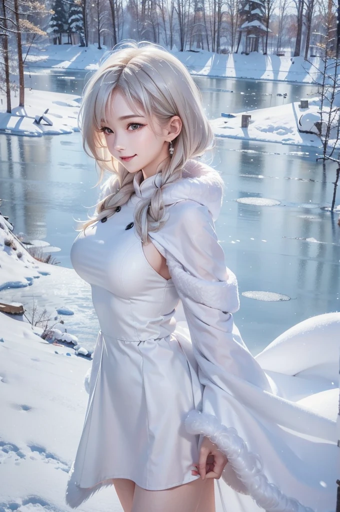 (the upper body:1.5).masterpiece、Highest quality、1 girl, winter, platinum blonde hair, Cute girl, smile, close mouse, medium breasts, sideboob:1.4, white dress, winter clothes, long skirt, Fur coat、Small waist、Thin legs、outdoors, front of the lake, snow falling, Prayer Pose, join hands, from side:1.5, side view,