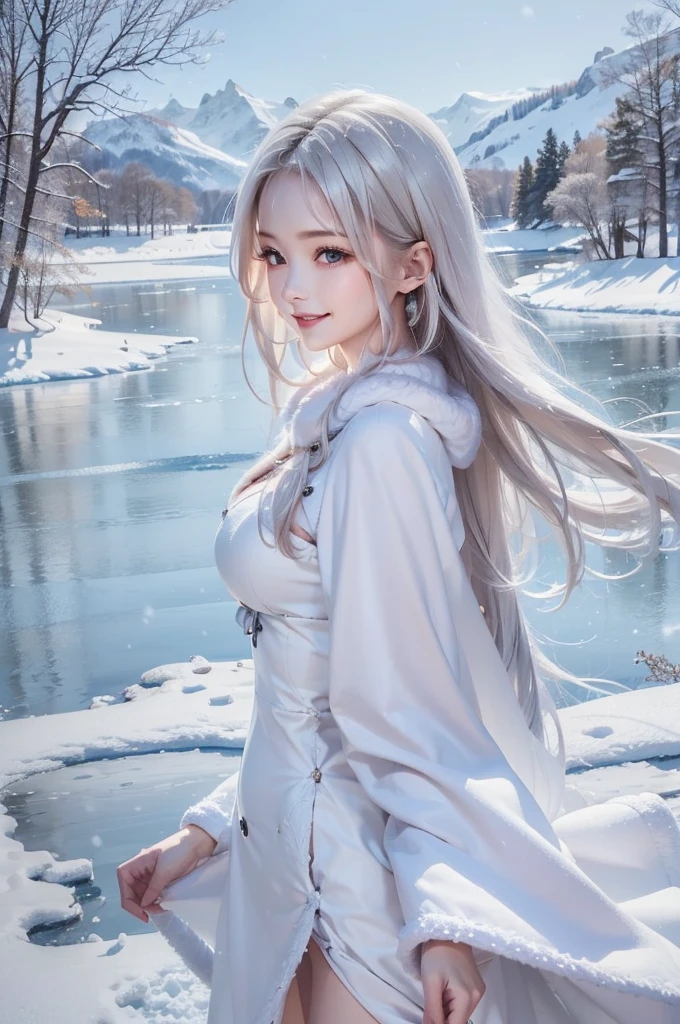 (the upper body:1.5).masterpiece、Highest quality、1 girl, winter, platinum blonde hair, Cute girl, smile, close mouse, medium breasts, sideboob:1.4, white dress, winter clothes, long skirt, Fur coat、Small waist、Thin legs、outdoors, front of the lake, snow falling, Prayer Pose, join hands, from side:1.5, side view,
