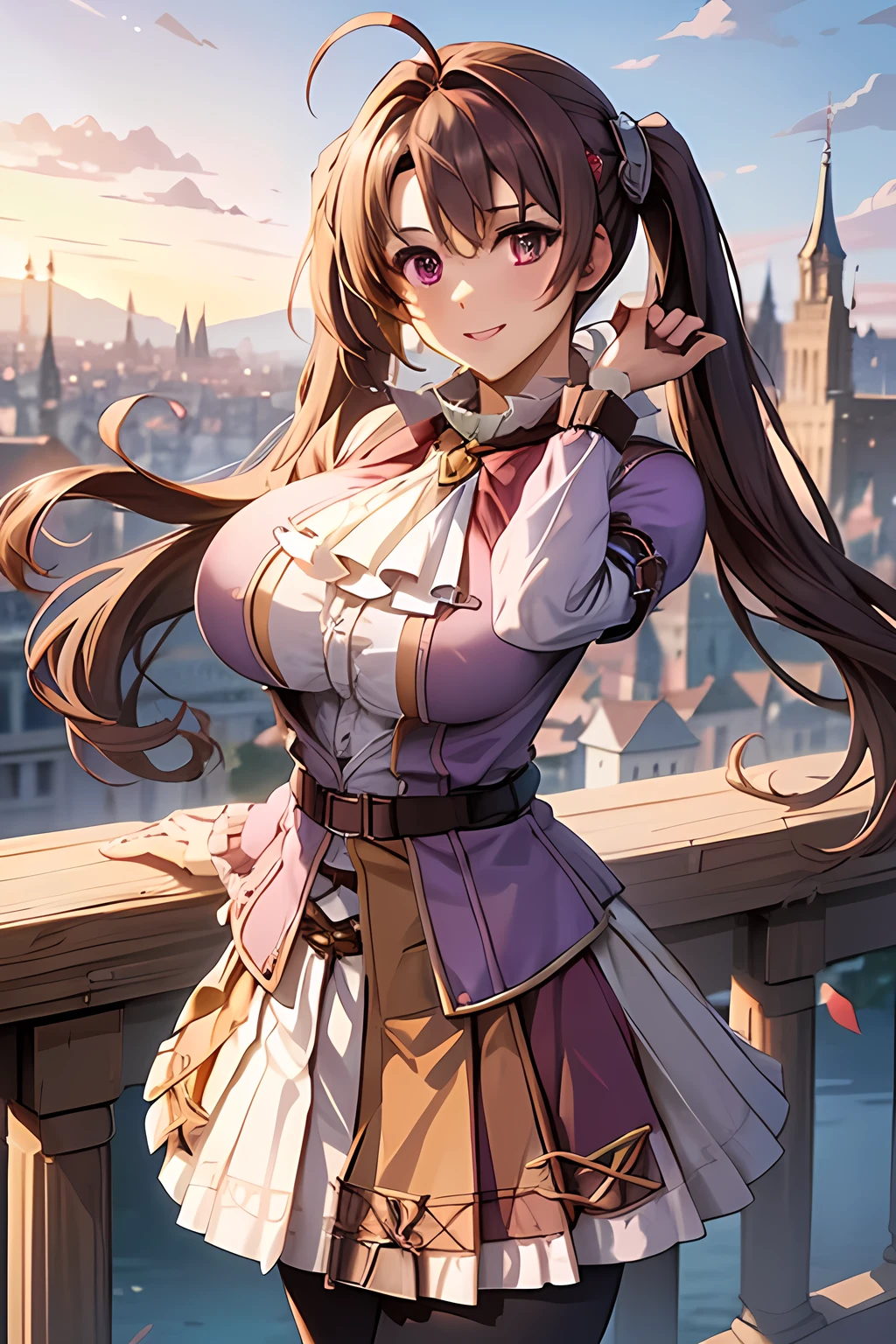 masterpiece, mischievous smile, light blush, looking at viewer, huge breasts, sexy pose, scEstelle, long twintails, (brown hair: 1.5), hairclip, ascot, purple jacket, (white pleated skirt: 1.5), pantyhose, (open shirt: 1.5), showing breasts, nipples, detailed castle in the background