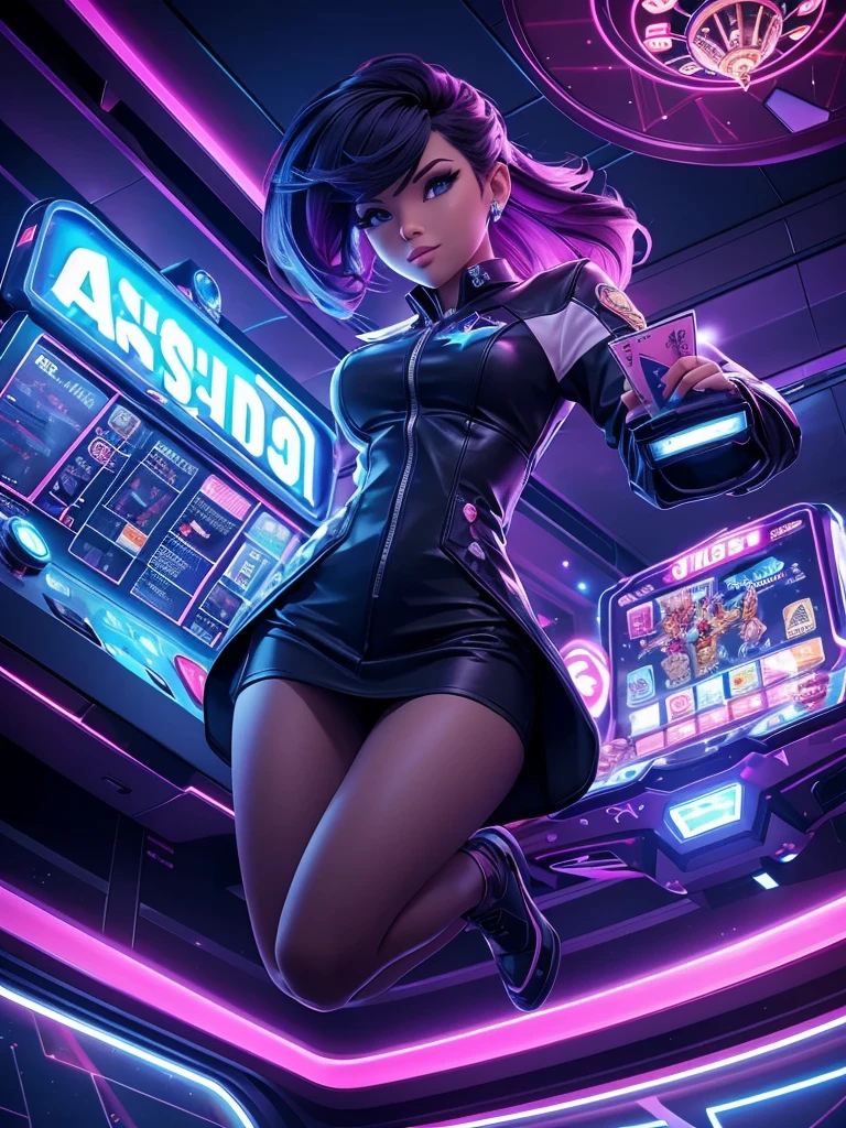 "A 3D rendered image for a Facebook gaming page called 'Orion Star Gaming'. The scene depicts a stylish, futuristic casino interior with a cosmic theme. In the foreground, an attractive young woman with a sleek hairstyle and futuristic clothing is shown in mid-air, as if floating or jumping joyfully.
Around her, various denominations of casino chips and paper money are suspended in the air, creating a dynamic shower of wealth. The background features slot machines and gaming tables with subtle star and constellation motifs.
Prominently displayed is text that reads '150% JOINING BONUS' in bold, eye-catching 3D letters that seem to pop out of the image. The overall color scheme should use deep blues and purples with accents of bright neon colors to evoke a space theme.
The lighting should be dramatic, with spotlights and lens flares to enhance the 3D effect and create a sense of energy and excitement. The entire image should have a polished, high-quality 3D rendered look that's both cool and captivating."
This description aims to capture all the elements you mentioned - the gaming theme, casino atmosphere, floating money, joining bonus offer, 3D style, cool aesthetic,