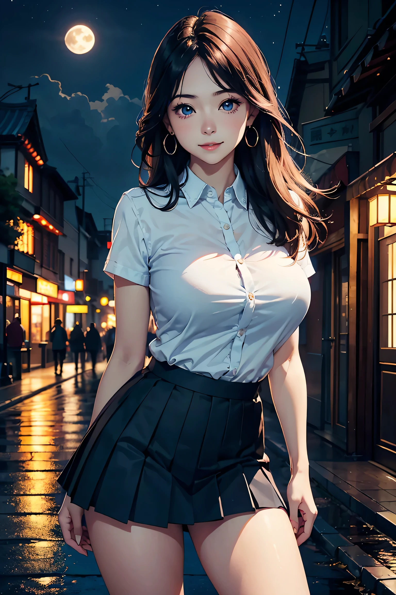 (masterpiece:1.2, Highest quality), (Realistic photos), Beautiful illustrations, (Natural side lighting, Cinema lighting),(1 person), Japanese, 20-year-old female, Perfect Face, Symmetrical cute face, Glowing Skin,(Black straight long hair)、Dark blue eyes, (Huge breasts:1.1), Slender build、Beautiful Hair, Beautiful Face, Fine and beautiful eyes, Beautiful body, Beautiful breasts,(shirt、Pleated skirt)、Earrings、smile、Blushing、stand、whole body、window、Night view、moon、Around town