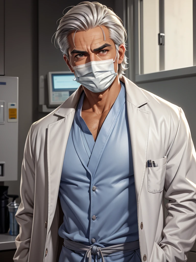 (best quality), 1boy, mature man, tanned skin, silver hair, medium hair, hair loosely combed back, brown eyes, perfect eyes, muscular, handsome, cold expression, doctor coat, scrubs, surgical mask, clean shaven face, masterpiece, anatomically correct, highres
